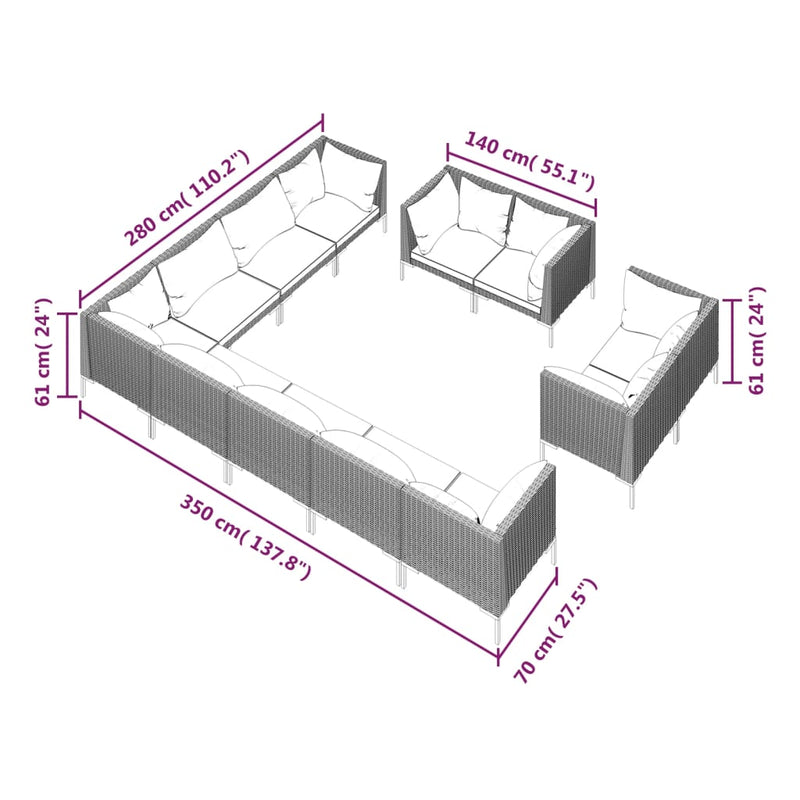 12 Piece Garden Lounge Set with Cushions Poly Rattan Dark Grey