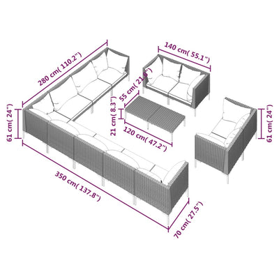 13 Piece Garden Lounge Set with Cushions Poly Rattan Dark Grey