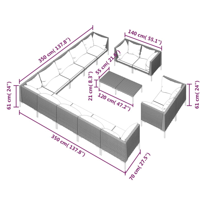 14 Piece Garden Lounge Set with Cushions Poly Rattan Dark Grey