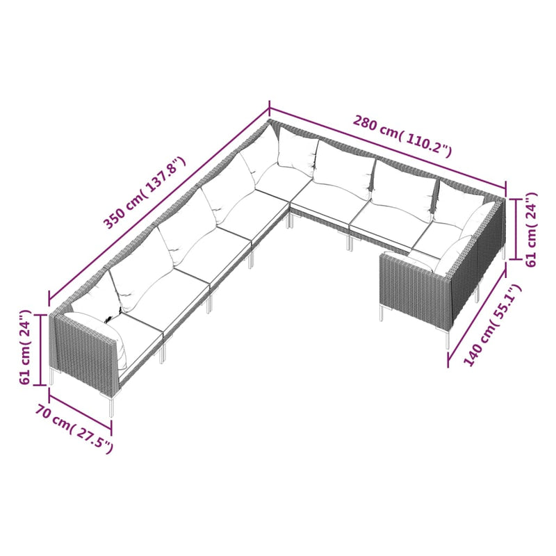 9 Piece Garden Lounge Set with Cushions Poly Rattan Dark Grey