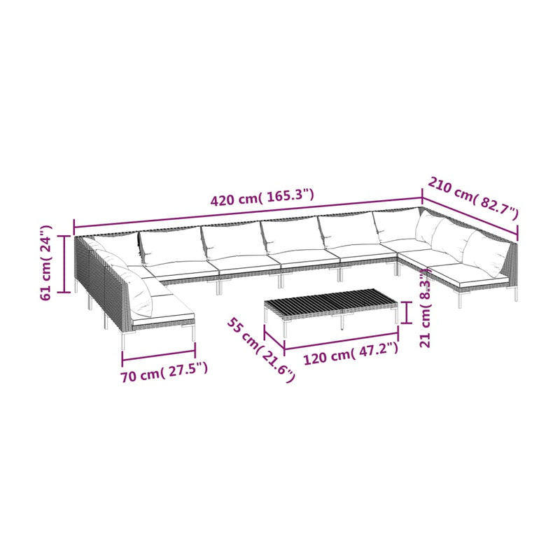 11 Piece Garden Lounge Set with Cushions Poly Rattan Dark Grey