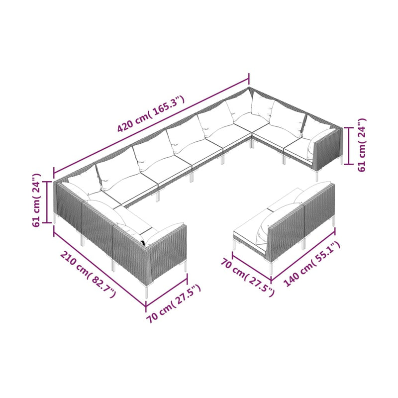 12 Piece Garden Lounge Set with Cushions Poly Rattan Dark Grey