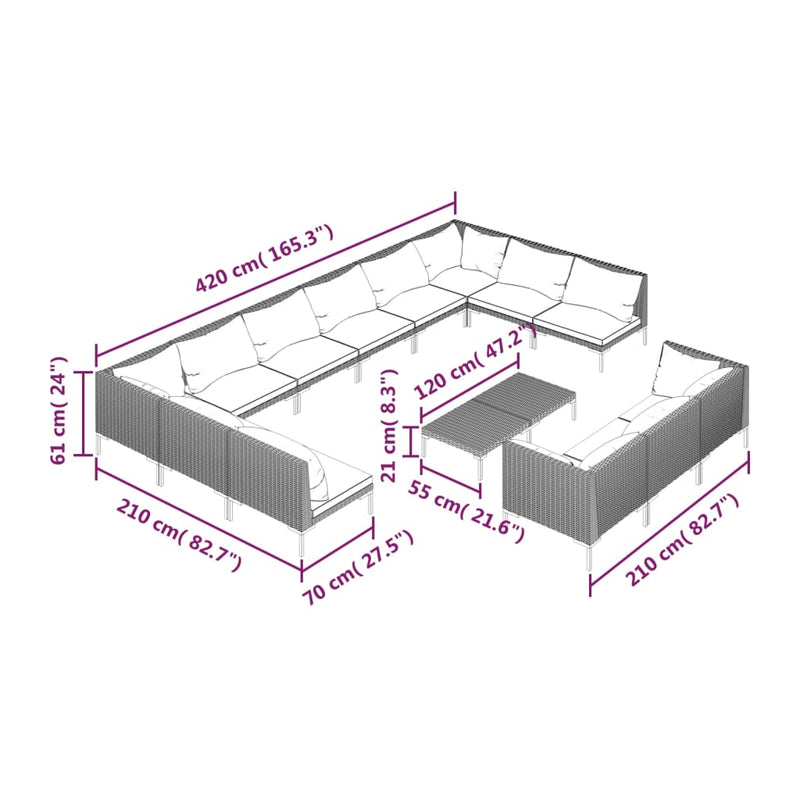 14 Piece Garden Lounge Set with Cushions Poly Rattan Dark Grey