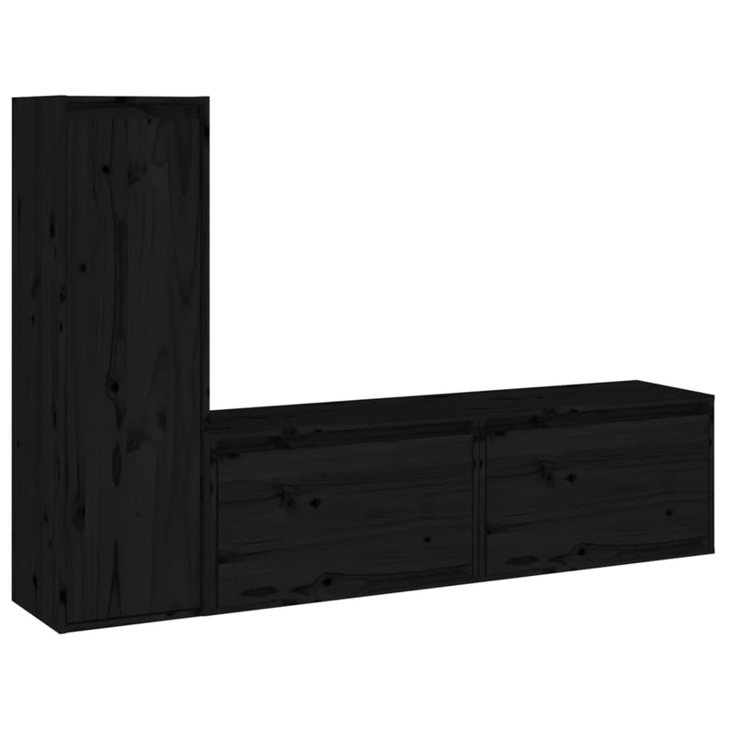 TV Cabinets 3 pcs Black Solid Wood Pine