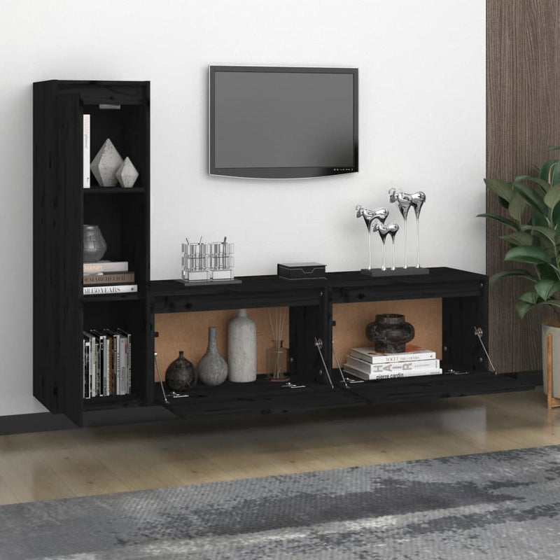 TV Cabinets 3 pcs Black Solid Wood Pine