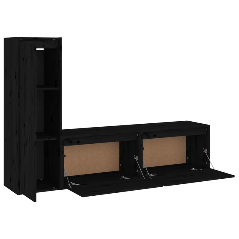 TV Cabinets 3 pcs Black Solid Wood Pine