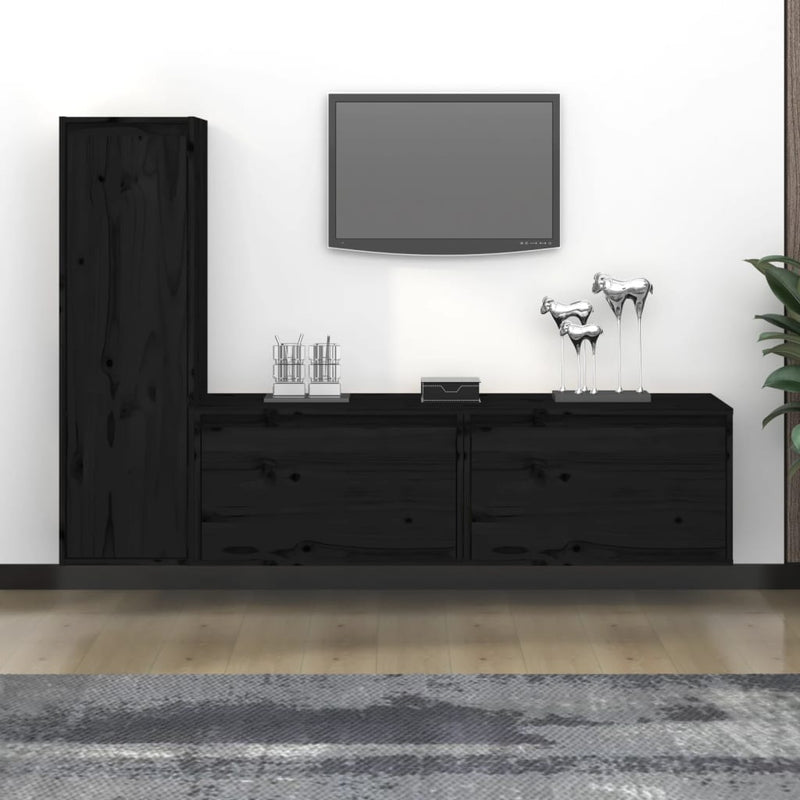 TV Cabinets 3 pcs Black Solid Wood Pine