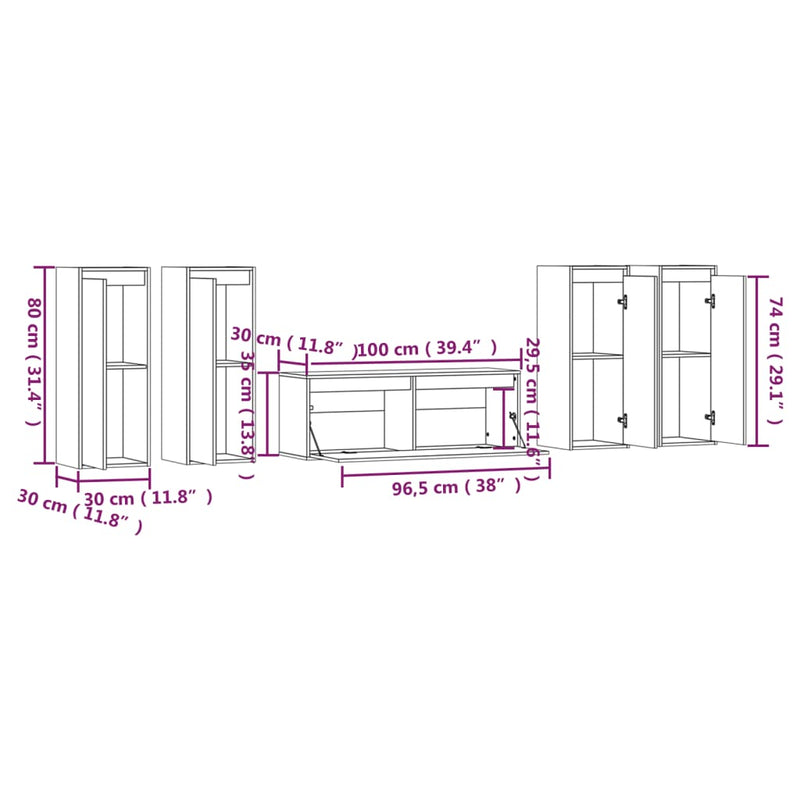 TV Cabinets 5 pcs Solid Wood Pine