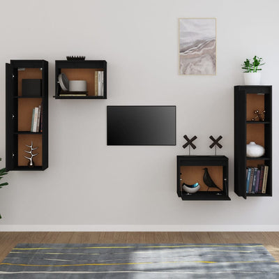 TV Cabinets 4 pcs Black Solid Wood Pine