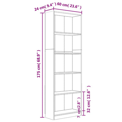 5-Tier Book Cabinet Brown Oak 60x24x175 cm Engineered Wood