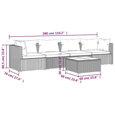 5 Piece Garden Lounge Set with Cushions Poly Rattan Black