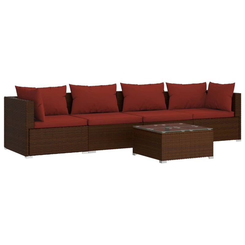 5 Piece Garden Lounge Set with Cushions Poly Rattan Brown