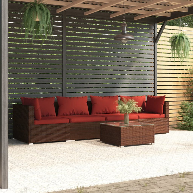 5 Piece Garden Lounge Set with Cushions Poly Rattan Brown