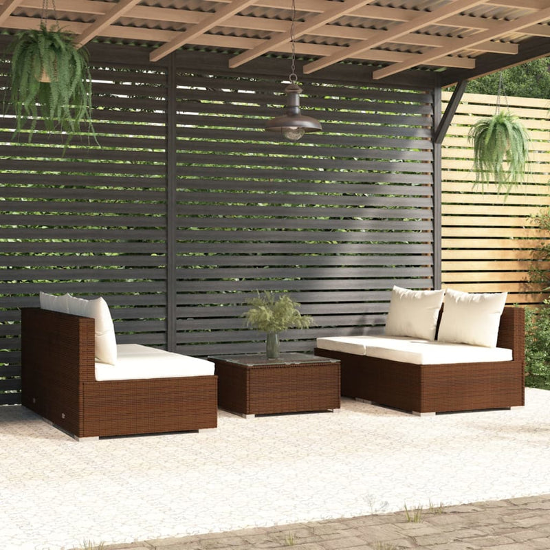 5 Piece Garden Lounge Set with Cushions Poly Rattan Brown