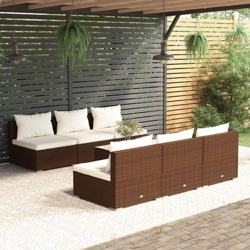 7 Piece Garden Lounge Set with Cushions Poly Rattan Brown