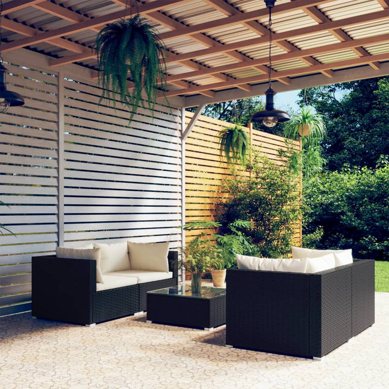 5 Piece Garden Lounge Set with Cushions Poly Rattan Black