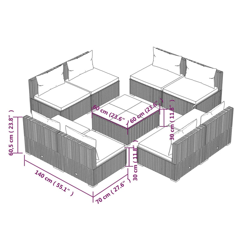 9 Piece Garden Lounge Set with Cushions Poly Rattan Black