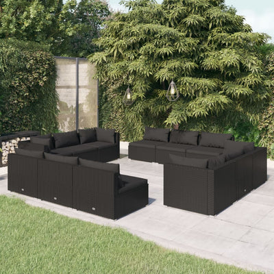 12 Piece Garden Lounge Set with Cushions Poly Rattan Black