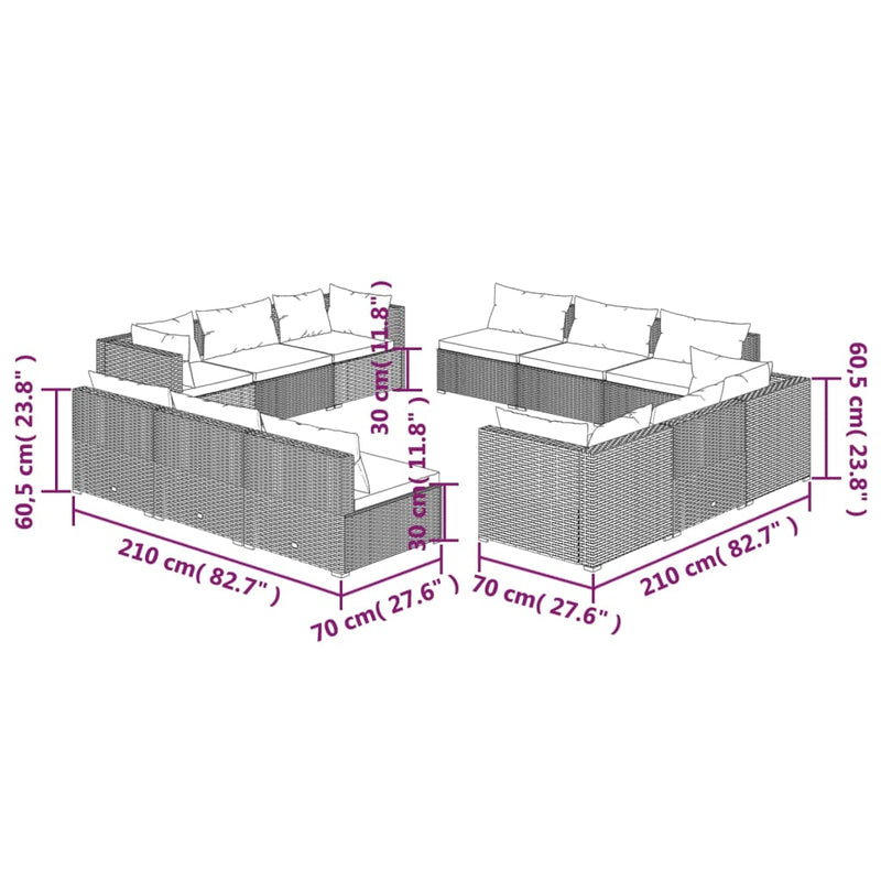 12 Piece Garden Lounge Set with Cushions Poly Rattan Brown