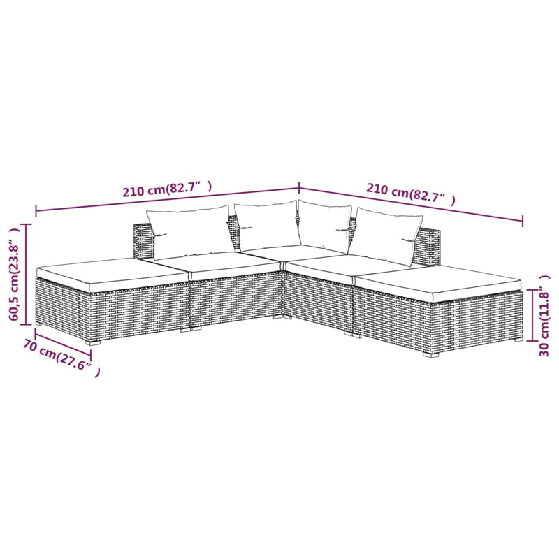 5 Piece Garden Lounge Set with Cushions Poly Rattan Brown