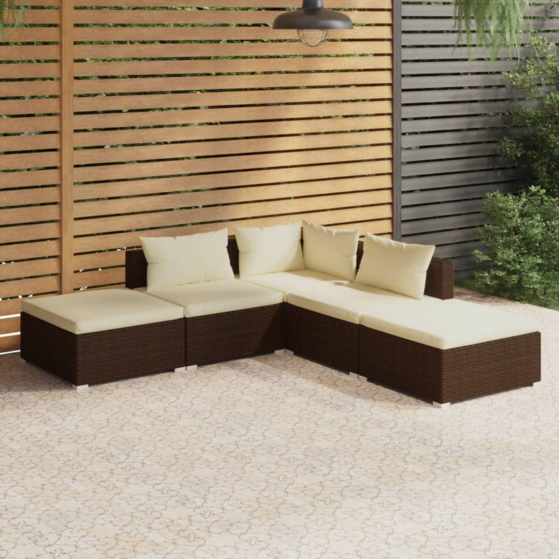 5 Piece Garden Lounge Set with Cushions Poly Rattan Brown