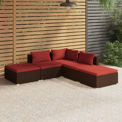 5 Piece Garden Lounge Set with Cushions Poly Rattan Brown