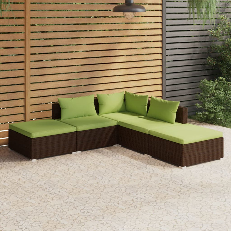 5 Piece Garden Lounge Set with Cushions Poly Rattan Brown