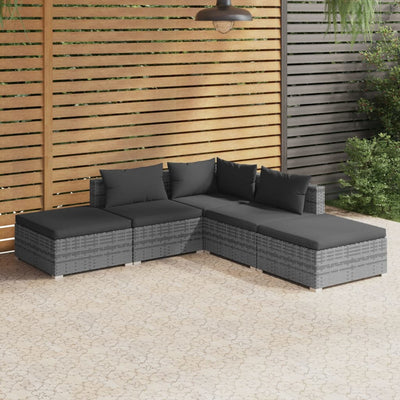 5 Piece Garden Lounge Set with Cushions Poly Rattan Grey