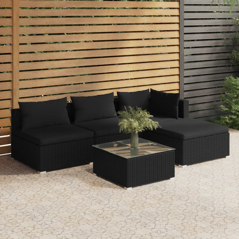 5 Piece Garden Lounge Set with Cushions Poly Rattan Black