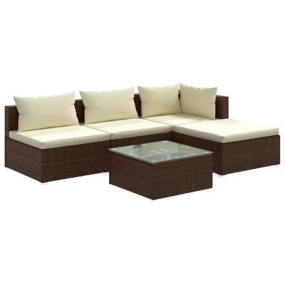 5 Piece Garden Lounge Set with Cushions Poly Rattan Brown