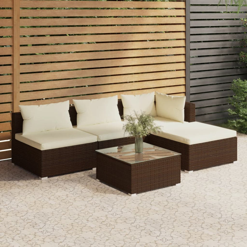 5 Piece Garden Lounge Set with Cushions Poly Rattan Brown