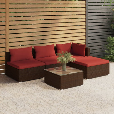 5 Piece Garden Lounge Set with Cushions Poly Rattan Brown