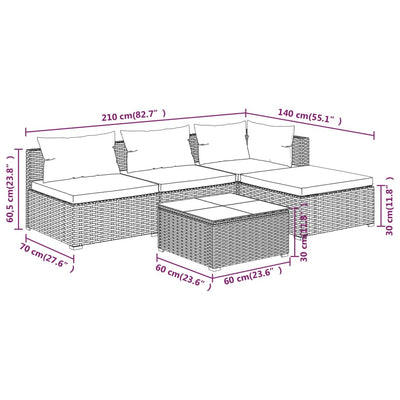 5 Piece Garden Lounge Set with Cushions Poly Rattan Grey