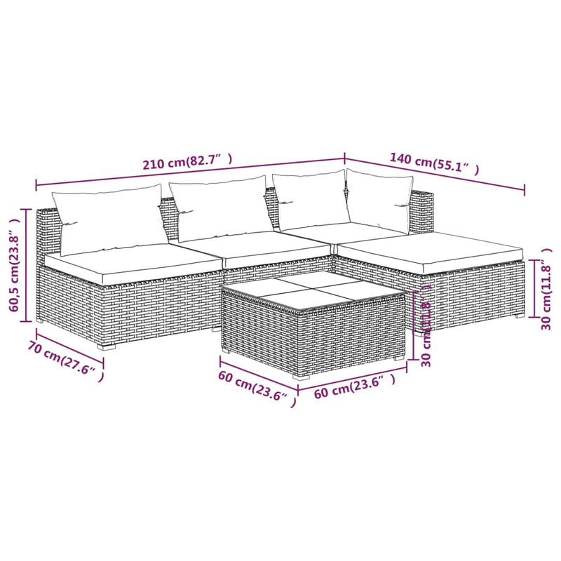 5 Piece Garden Lounge Set with Cushions Poly Rattan Grey