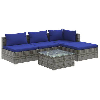 5 Piece Garden Lounge Set with Cushions Poly Rattan Grey