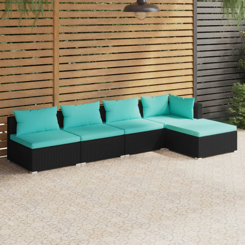 5 Piece Garden Lounge Set with Cushions Poly Rattan Black