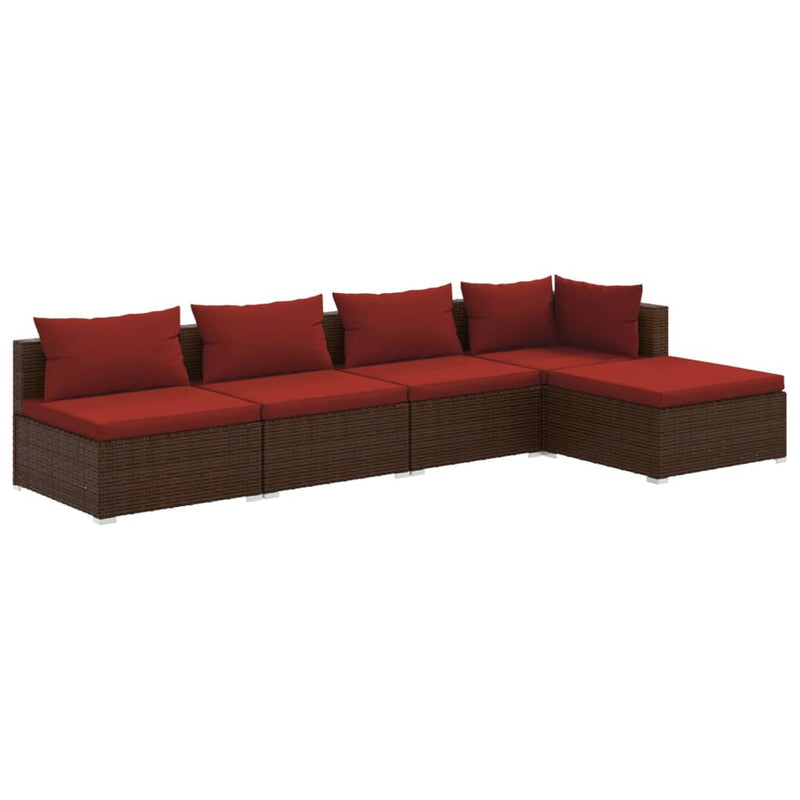 5 Piece Garden Lounge Set with Cushions Poly Rattan Brown