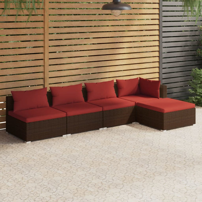 5 Piece Garden Lounge Set with Cushions Poly Rattan Brown