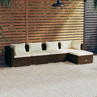 5 Piece Garden Lounge Set with Cushions Poly Rattan Brown