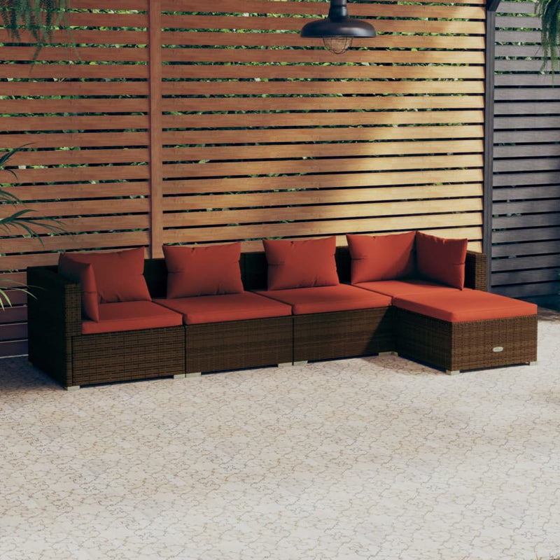 5 Piece Garden Lounge Set with Cushions Poly Rattan Brown