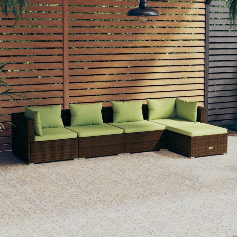 5 Piece Garden Lounge Set with Cushions Poly Rattan Brown