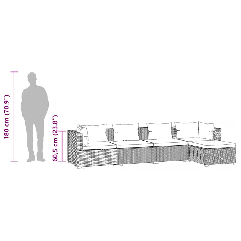5 Piece Garden Lounge Set with Cushions Poly Rattan Grey