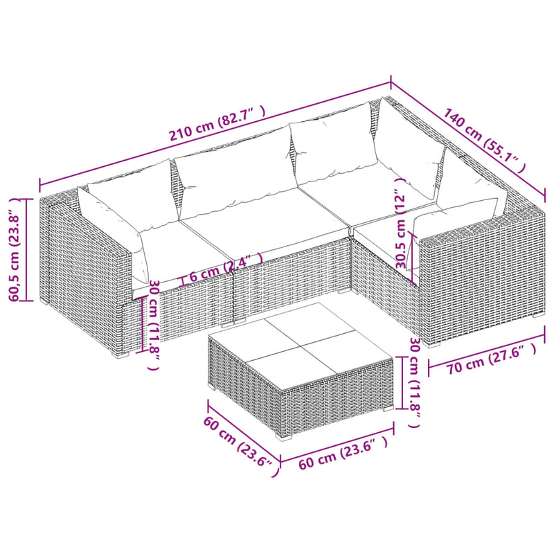 5 Piece Garden Lounge Set with Cushions Poly Rattan Black