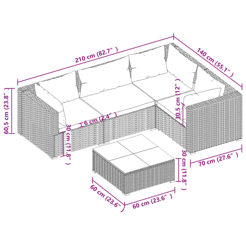 5 Piece Garden Lounge Set with Cushions Poly Rattan Brown