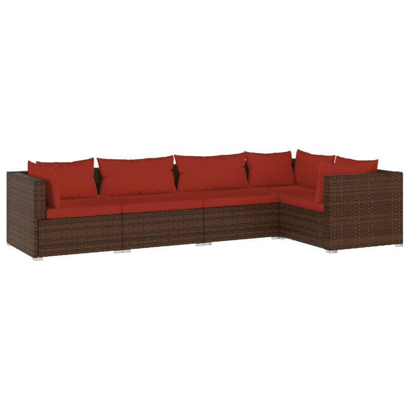 5 Piece Garden Lounge Set with Cushions Poly Rattan Brown