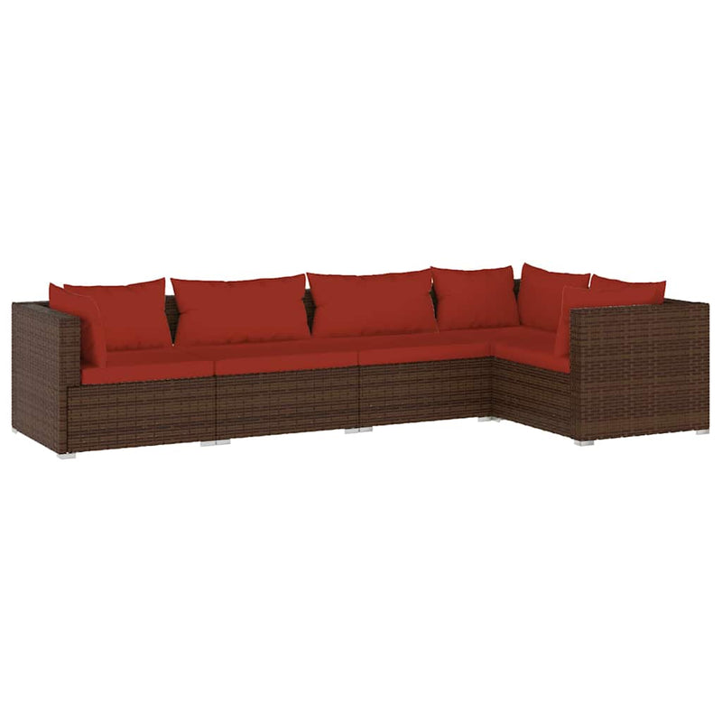 5 Piece Garden Lounge Set with Cushions Poly Rattan Brown