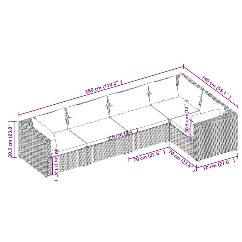 5 Piece Garden Lounge Set with Cushions Poly Rattan Brown