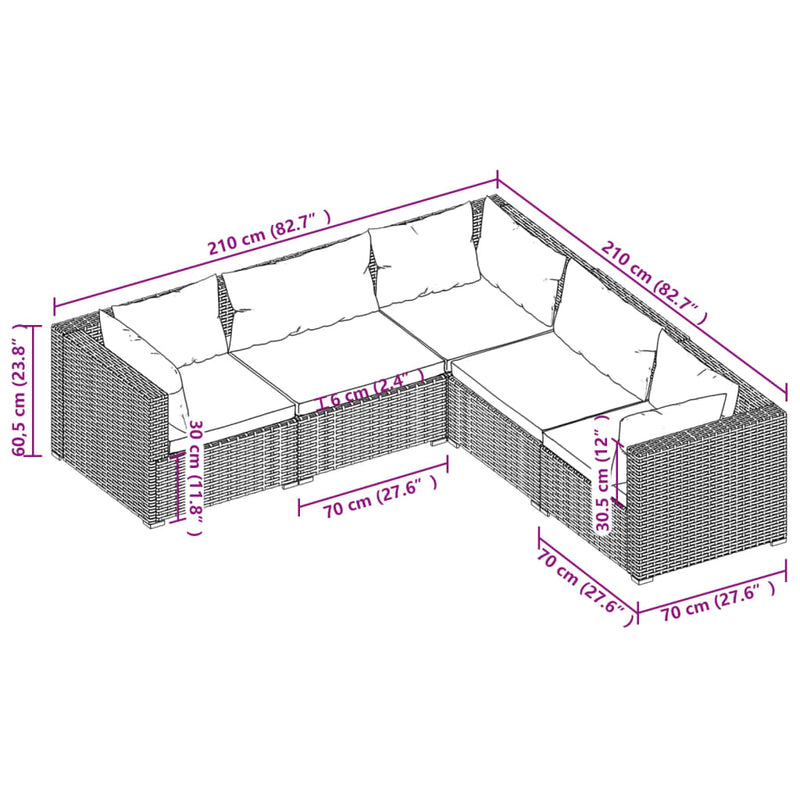 5 Piece Garden Lounge Set with Cushions Poly Rattan Black