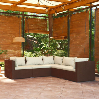 5 Piece Garden Lounge Set with Cushions Poly Rattan Brown