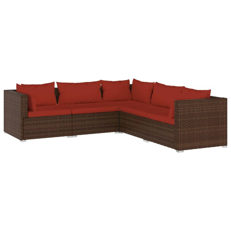 5 Piece Garden Lounge Set with Cushions Poly Rattan Brown